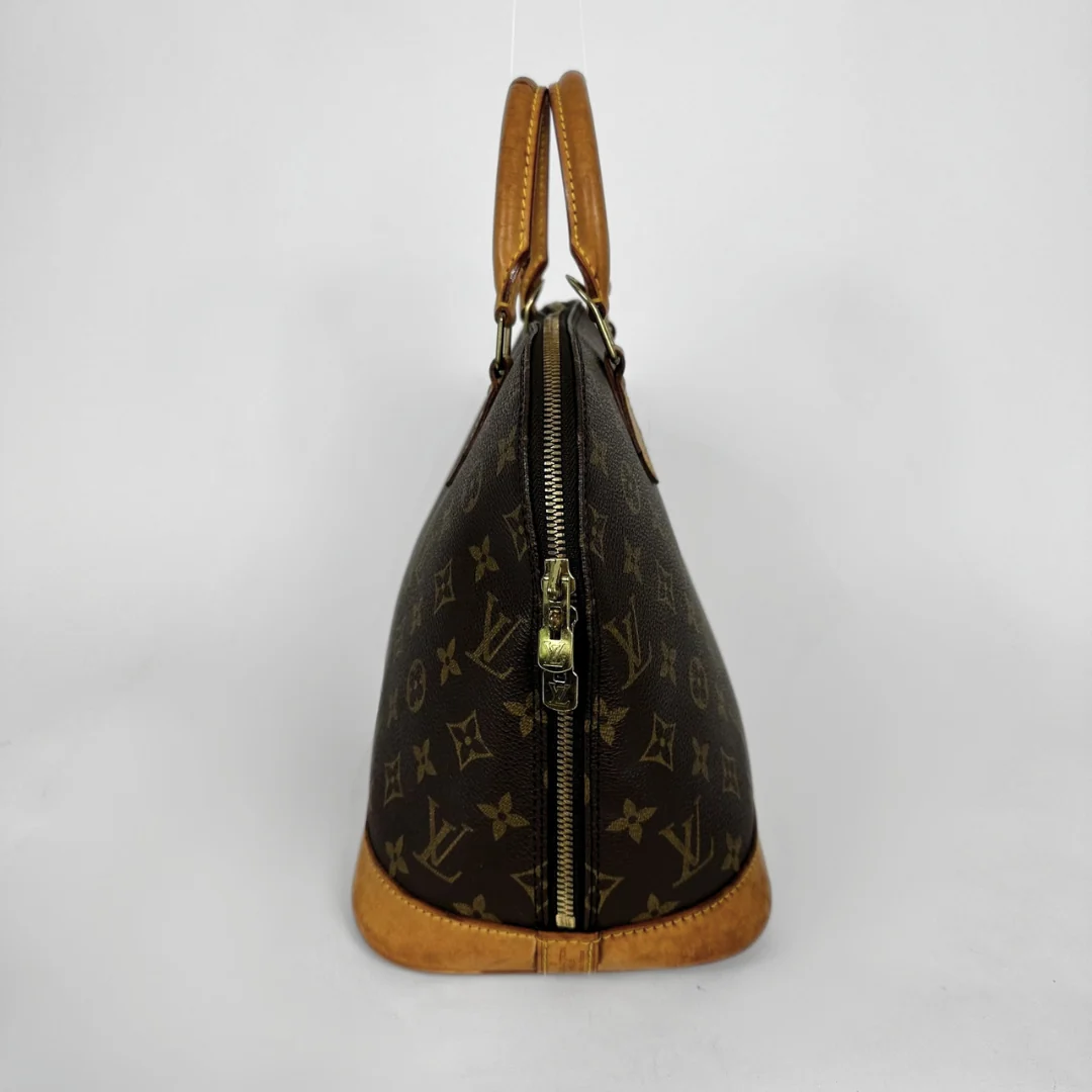 Louis Vuitton monogram canvas Speedy bag shown from the back, featuring dark brown coated canvas with the classic tan monogram pattern, tan leather trim and handles, and a gold-tone zipper.