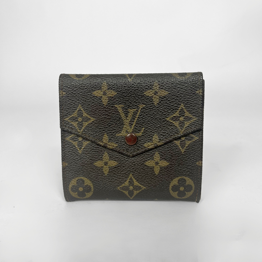 Louis Vuitton wallet with monogram pattern on a white background