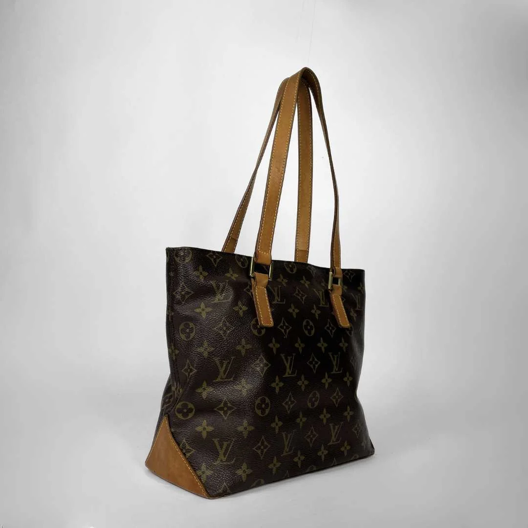 A Louis Vuitton monogram canvas tote bag with brown leather shoulder straps and trim, shown on a light gray background.