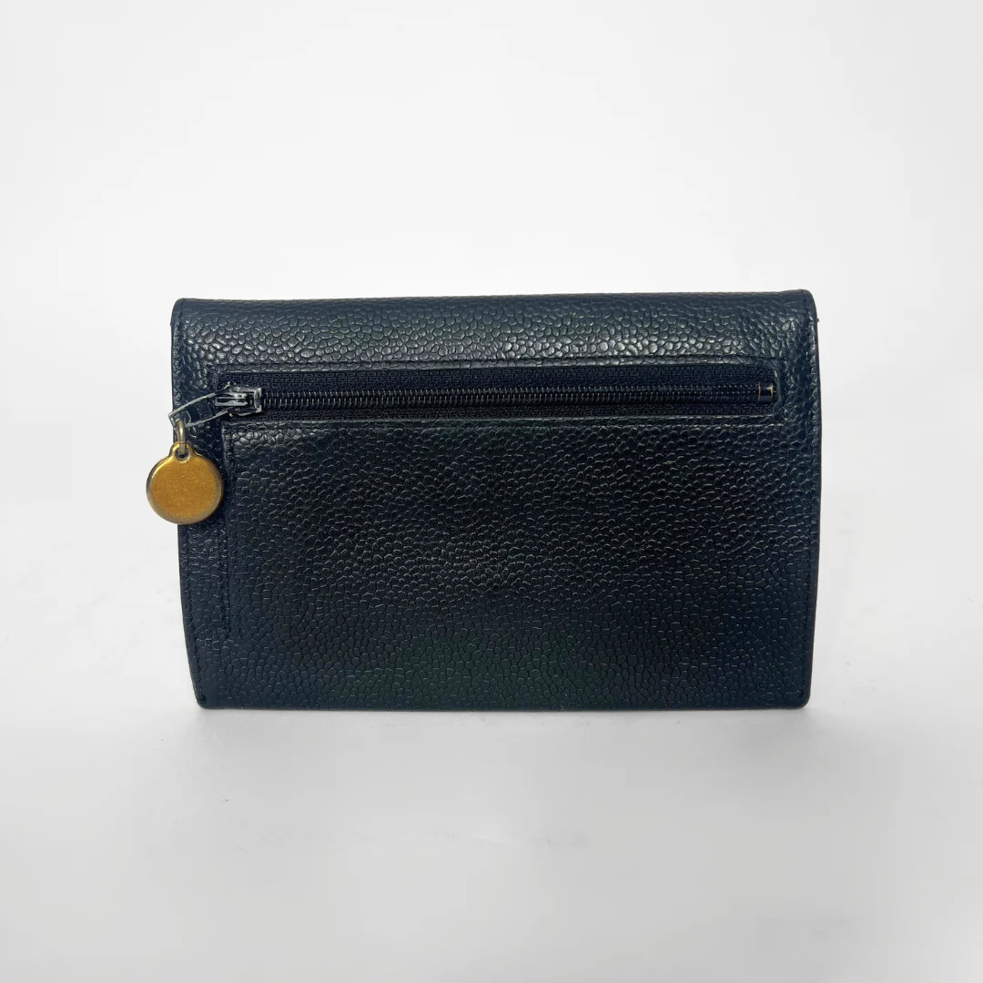 Navy leather wallet with a gold zipper pull on a white background