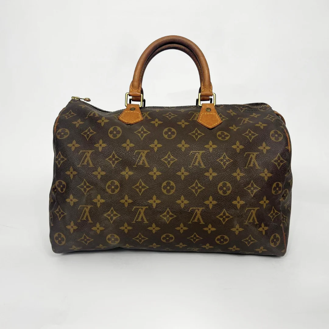 Brown handbag with gold accents held by a gloved hand on a white background