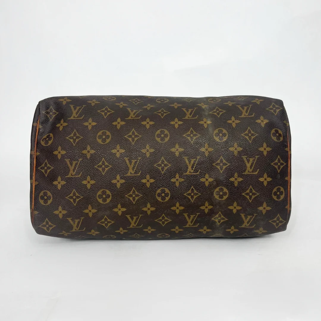 Brown handbag with gold accents held by a gloved hand on a white background