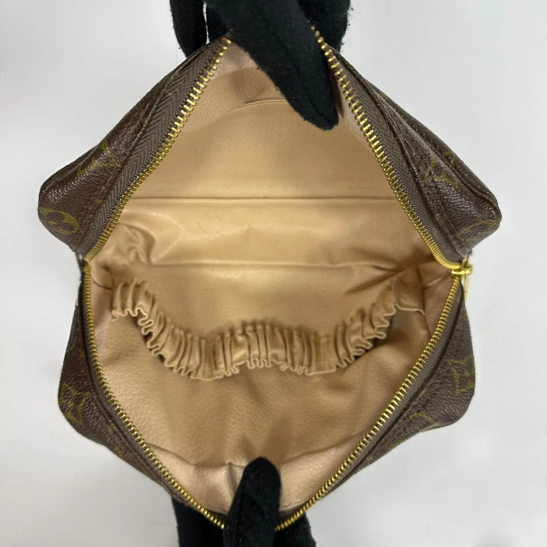 Louis Vuitton toiletry bag in front of white background