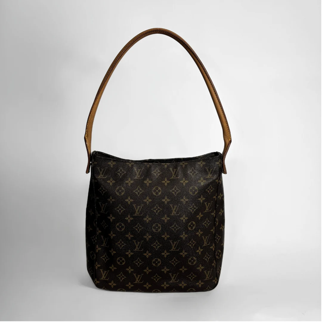 Louis Vuitton monogram canvas shoulder bag with a brown leather shoulder strap, shown against a light gray background.