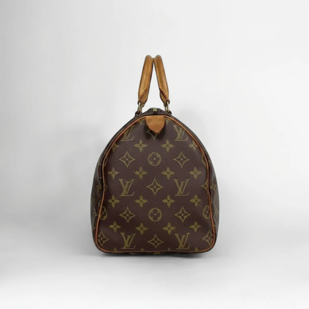 A Louis Vuitton monogram canvas Speedy bag in dark brown with tan leather handles, photographed against a neutral light gray background.