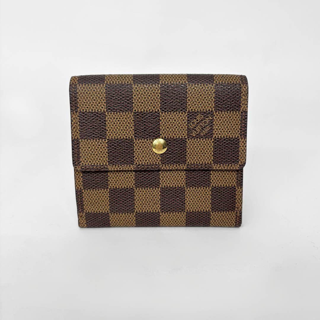 Brown checkered wallet with gold button on a white background