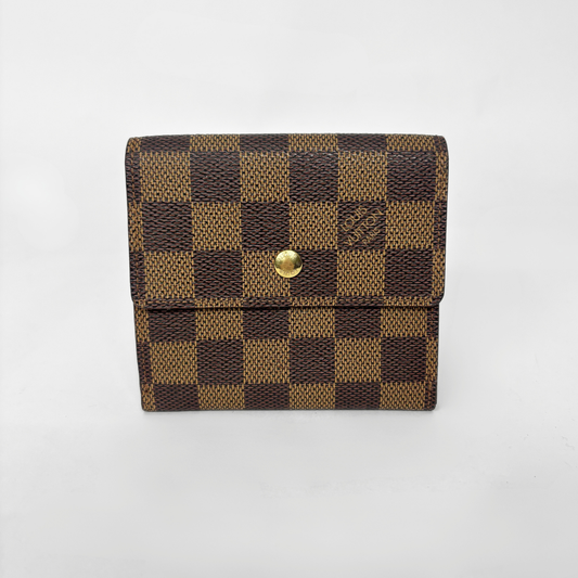 Brown checkered wallet with gold button on a white background