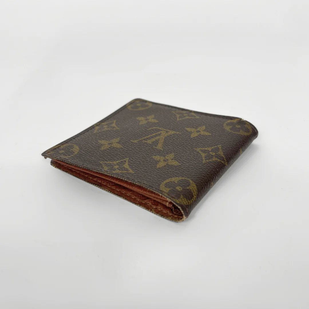 Brown wallet with logo pattern on a white background
