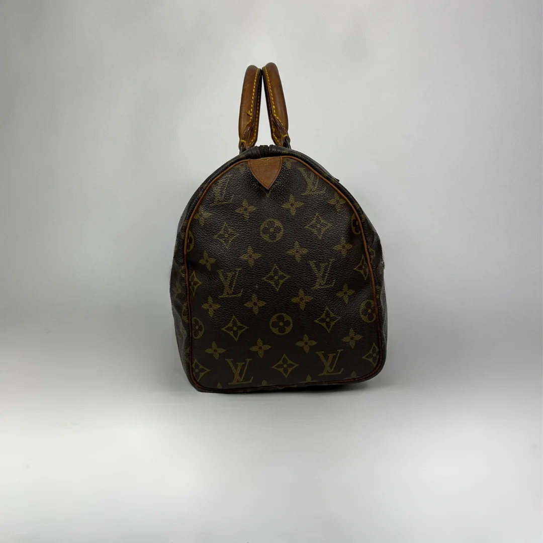 A Louis Vuitton monogram Speedy bag in dark brown coated canvas with tan leather handles and trim, photographed against a neutral gray studio background.