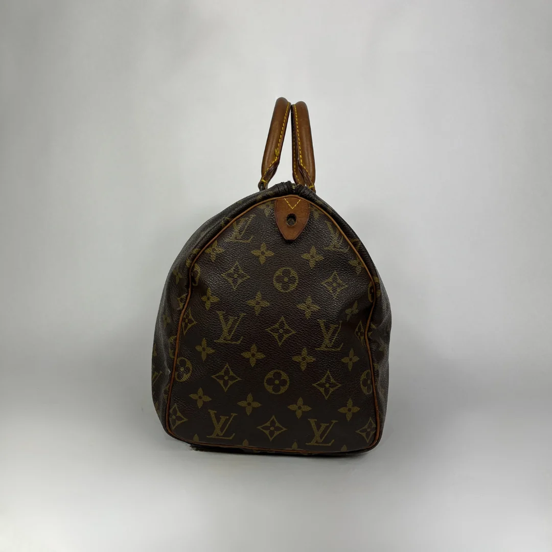 A Louis Vuitton monogram canvas Speedy bag in dark brown with tan leather handles, photographed against a neutral gray background.