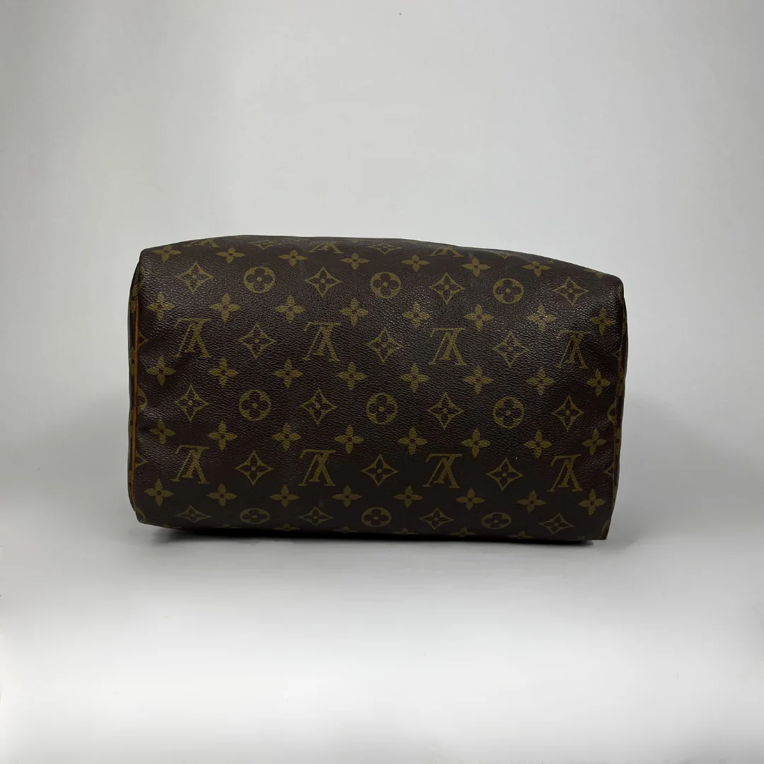 Louis Vuitton monogram speedy bag in dark brown with tan printed logos, photographed against a neutral light gray background.