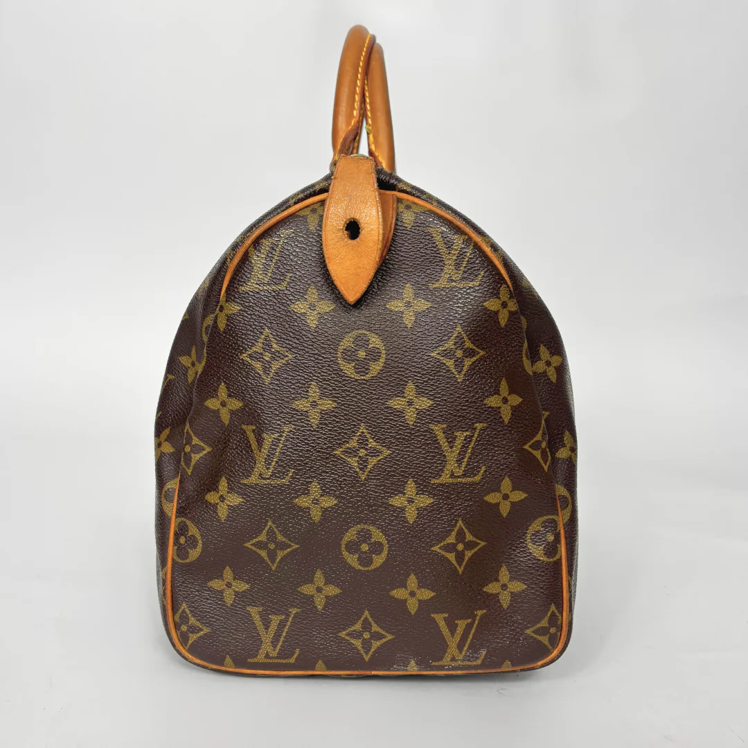 Louis Vuitton handbag with monogram pattern on a white background