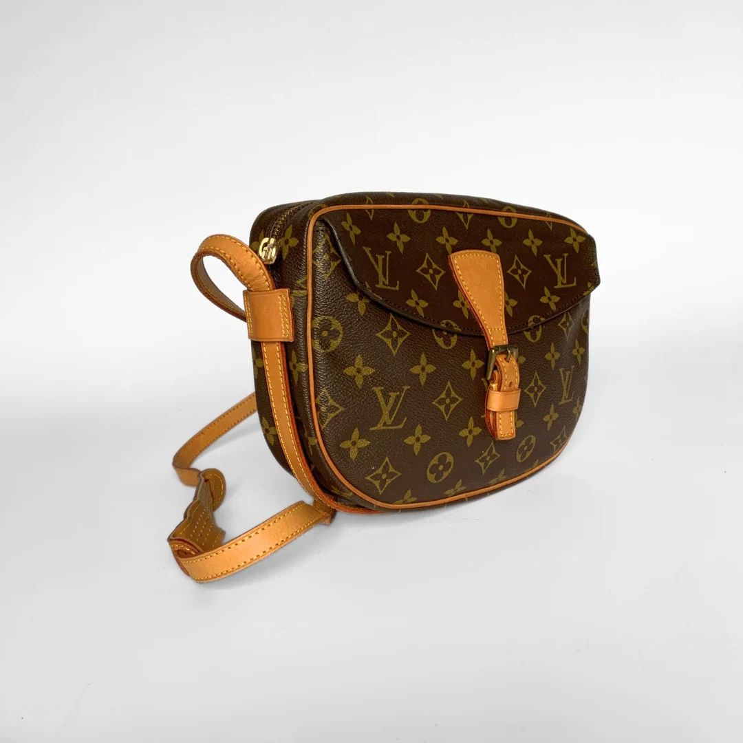 Brown monogram handbag with tan strap on a white background