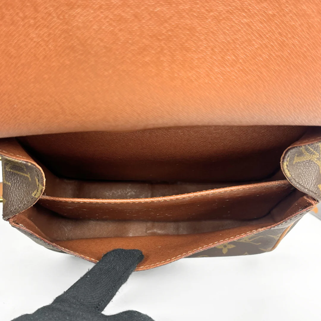 Louis Vuitton monogram handbag on a light gray background