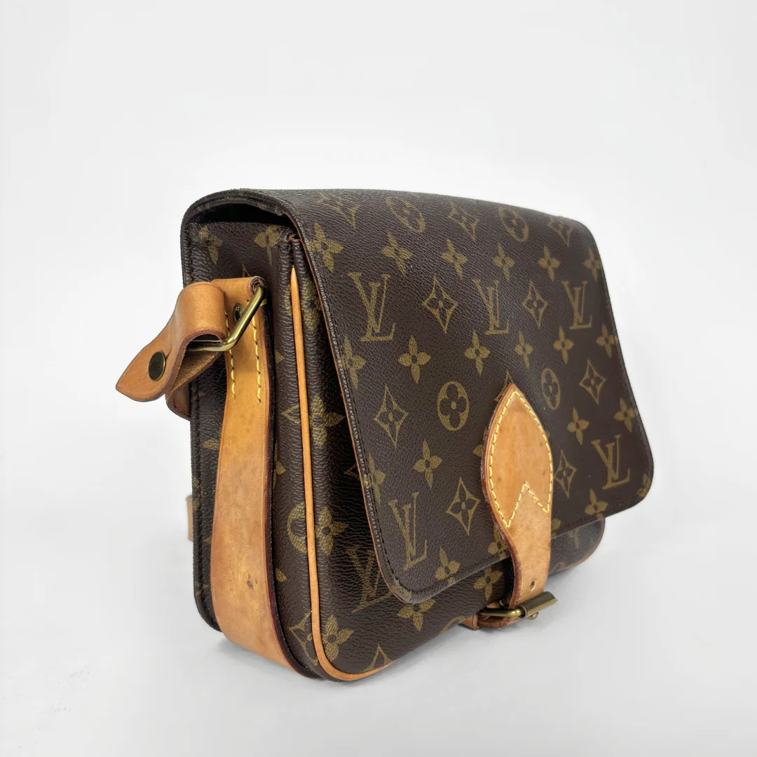 Louis Vuitton monogram handbag on a light gray background