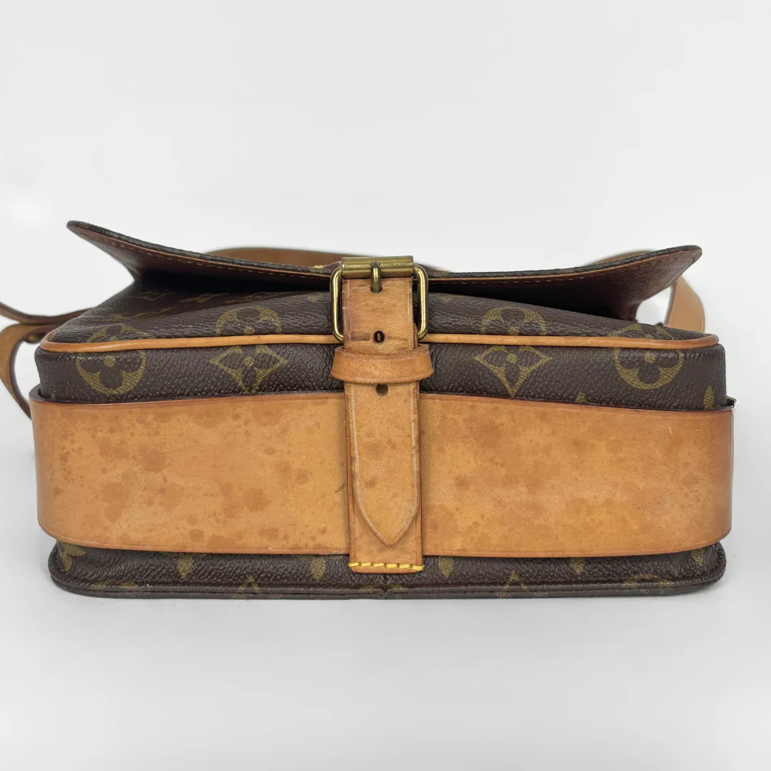 Louis Vuitton monogram handbag on a light gray background