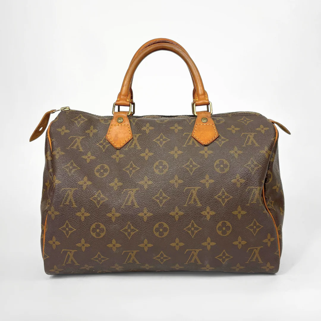 Brown Louis Vuitton handbag with monogram pattern on a white background