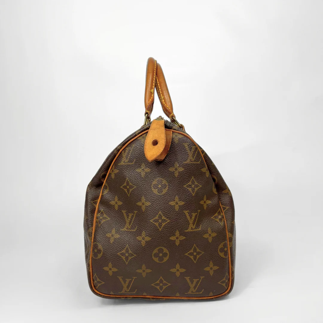 Brown Louis Vuitton handbag with monogram pattern on a white background