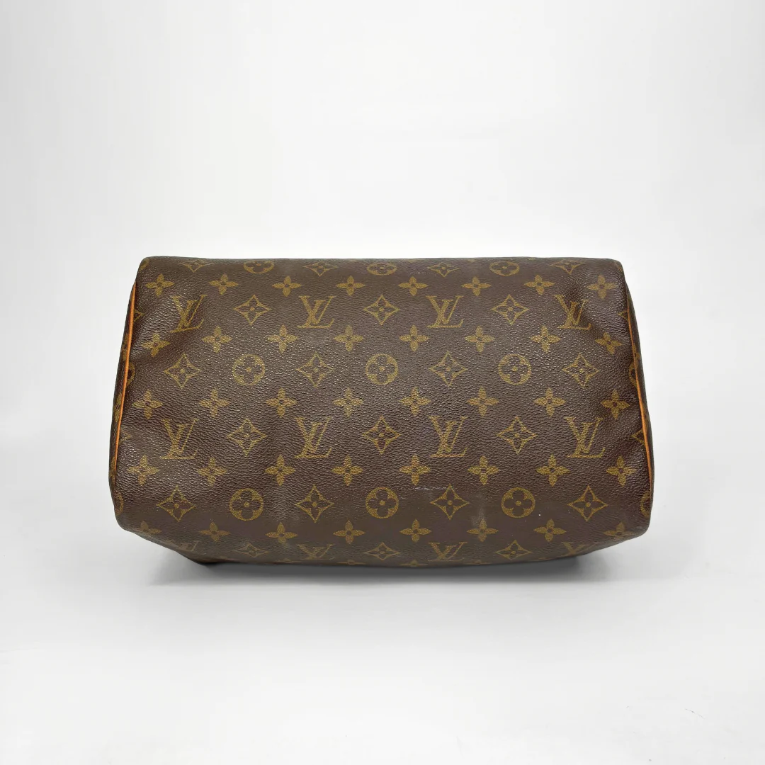 Brown Louis Vuitton handbag with monogram pattern on a white background