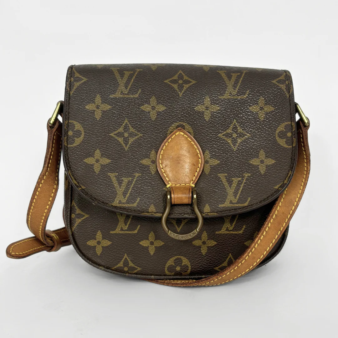 Louis Vuitton monogram handbag on a light gray background