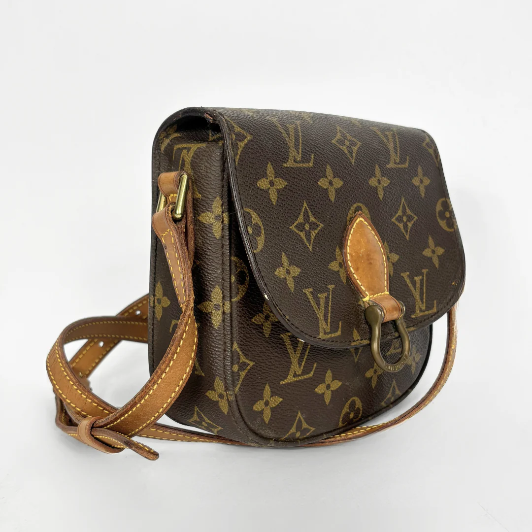 Louis Vuitton monogram handbag on a light gray background