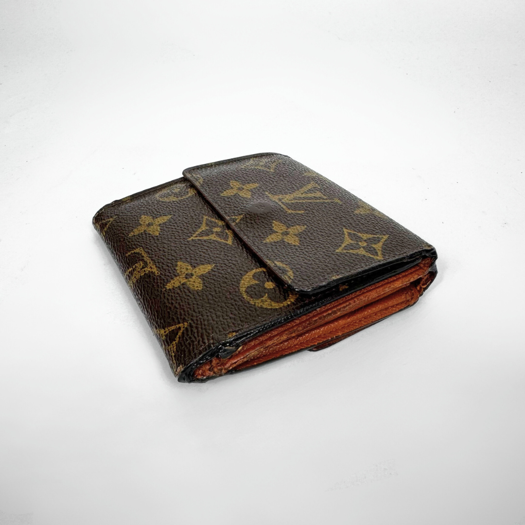 Brown wallet with monogram pattern on a white background