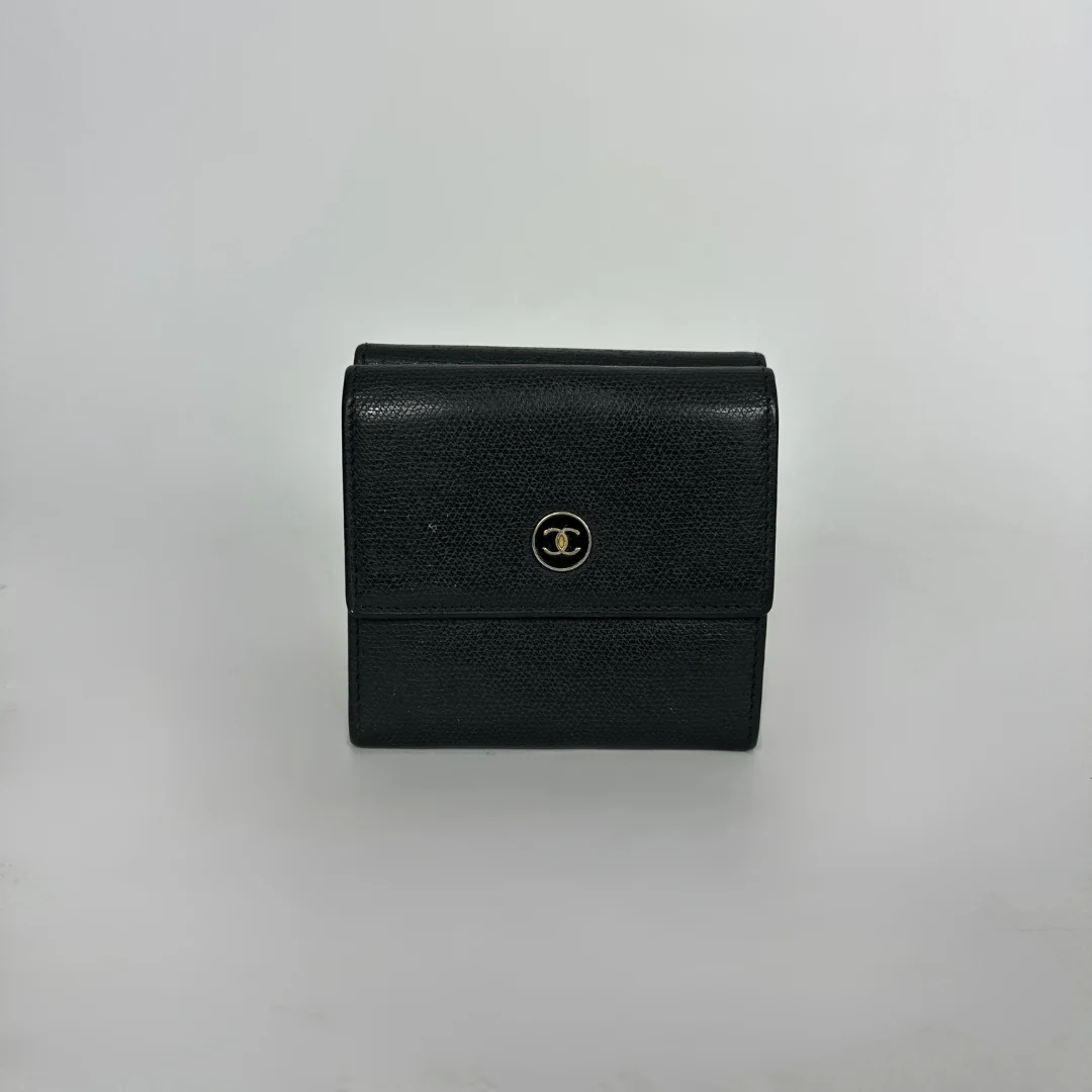 Chanel Black Caviar Leather CC Button Flap Compact Wallet