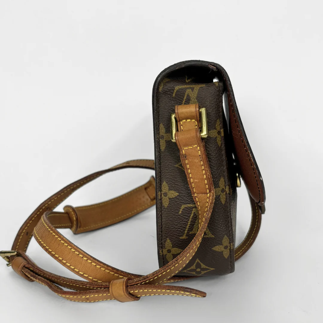 Louis Vuitton monogram handbag on a light gray background