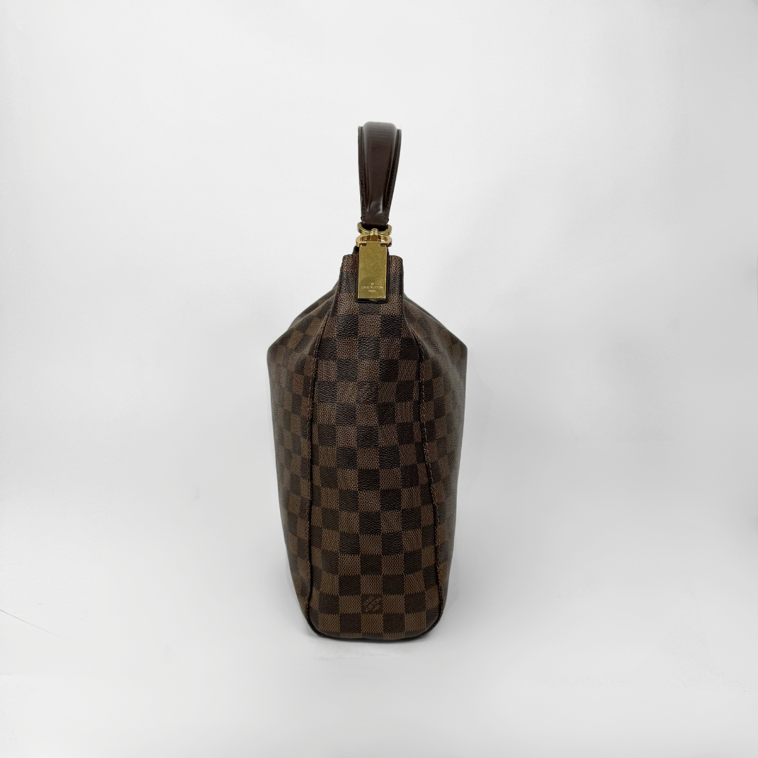 Brown checkered handbag with gold clasp on a white background