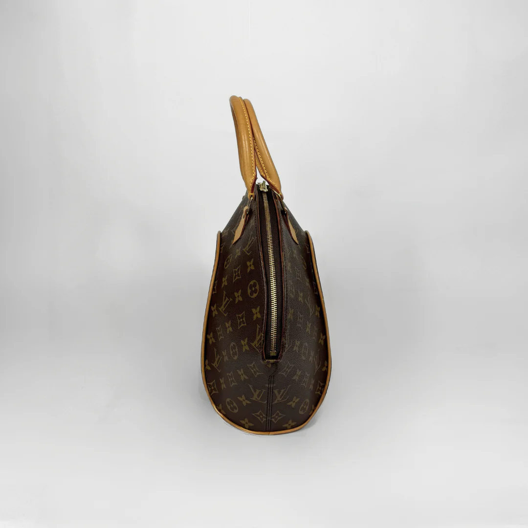 Brown handbag with gold accents held by a gloved hand on a white background