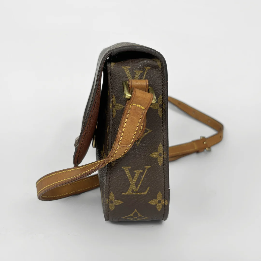 Louis Vuitton monogram handbag on a light gray background