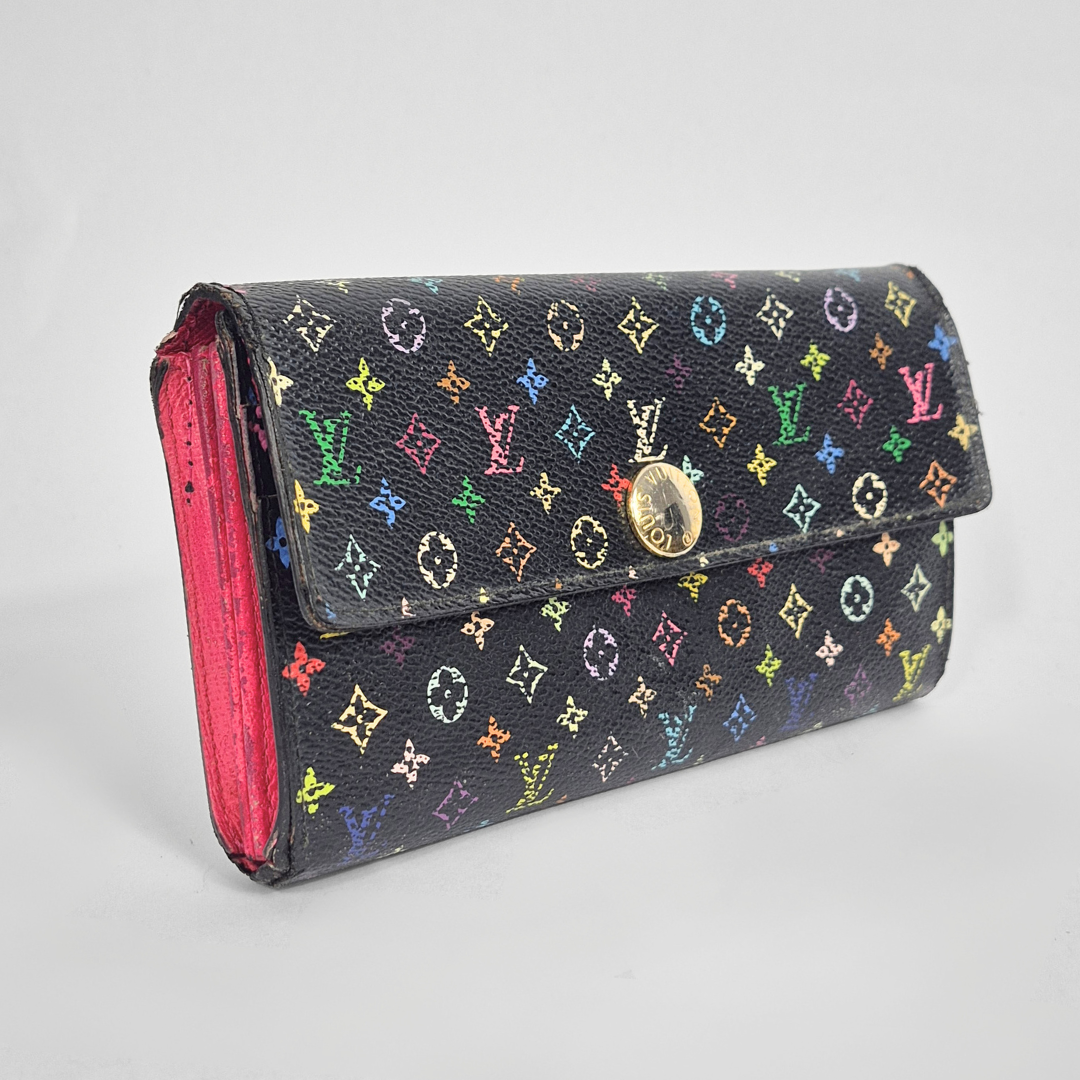 Designer wallet with multicolor logo pattern on a light gray background