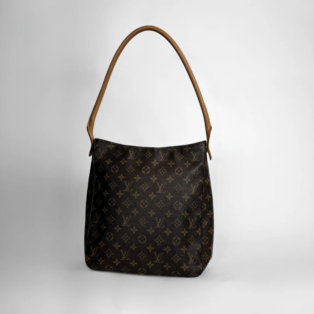 Louis Vuitton monogram canvas shoulder bag with a brown leather shoulder strap, shown on a light gray background.