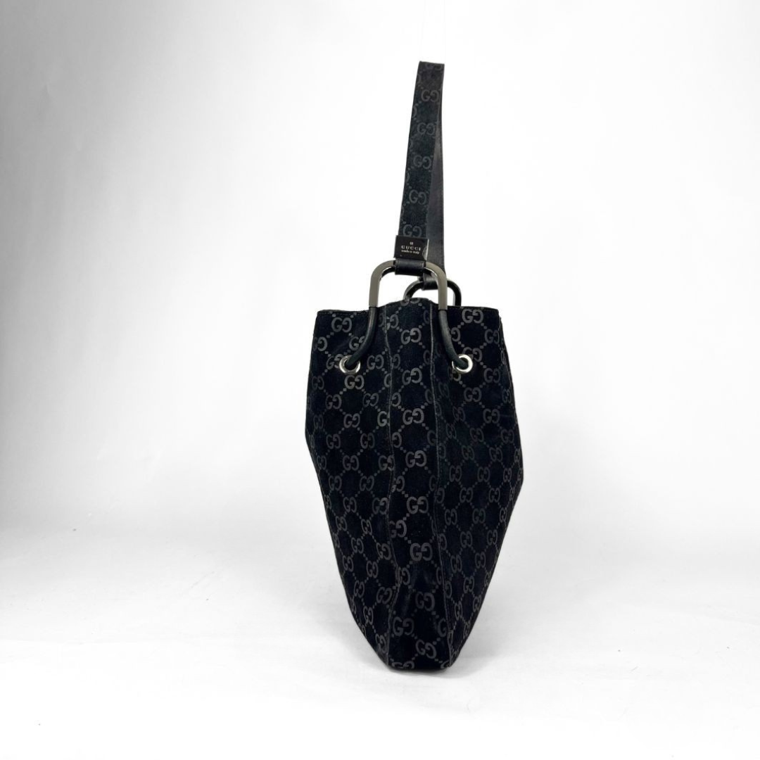 Gucci GG black suede shoulder bag on a white background
