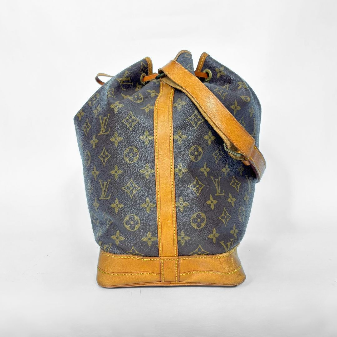 Brown monogram LV handbag with tan leather accents on a white background