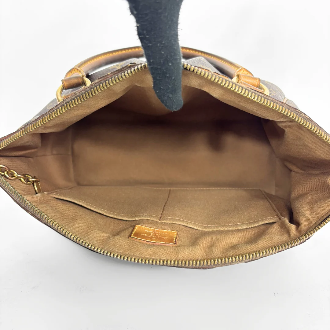 Brown handbag with gold accents on a white background: INSIDE