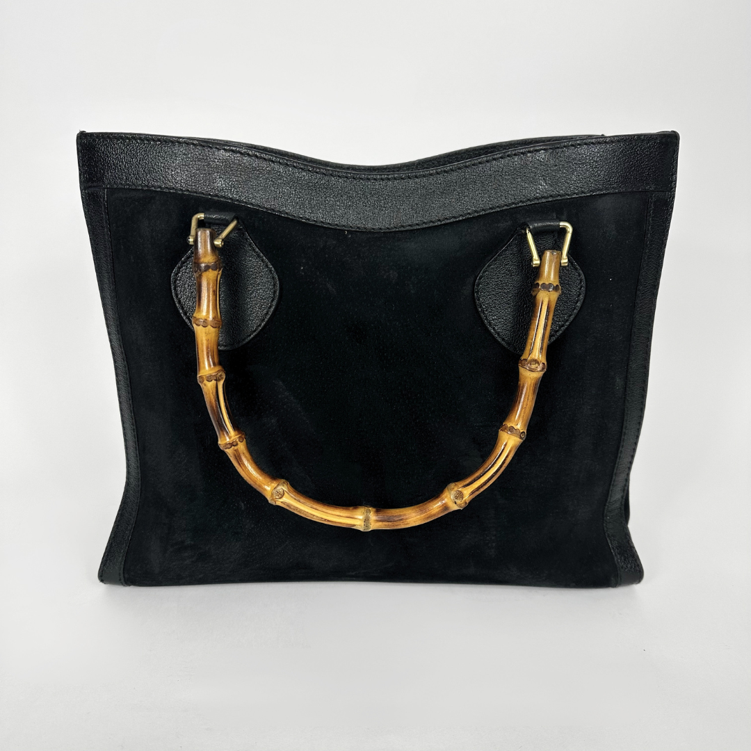 Black handbag with gold bamboo handles on a white background